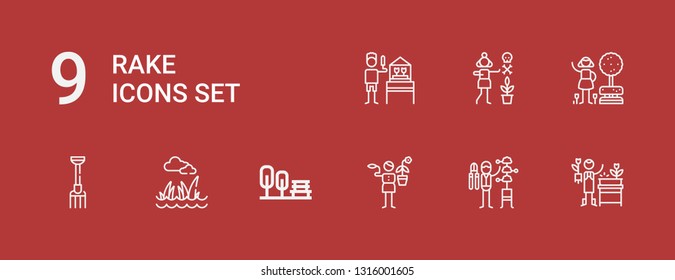 Editable 9 rake icons for web and mobile. Set of rake included icons line Gardener, Garden, Lawn, Pitchfork on red background