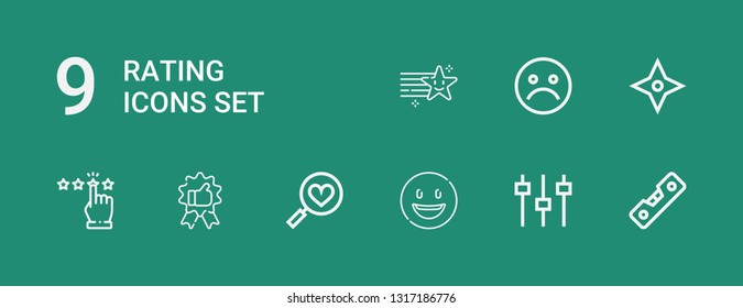 Editable 9 rating icons for web and mobile. Set of rating included icons line Level, Levels, Happy, Favorites, Recommendation, Rating, Star, Unhappy on green background