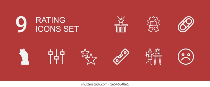 Editable 9 rating icons for web and mobile. Set of rating included icons line Unhappy, Satisfaction, Level, Stars, Levels, Star, Hugh, Recommendation on red background