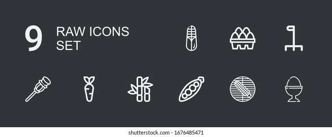 Editable 9 raw icons for web and mobile. Set of raw included icons line Boiled egg, Corn, Peas, Sugar cane, Carrot, Cane, Eggs on dark background