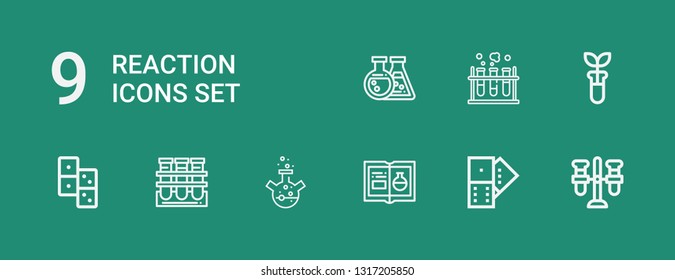 Editable 9 reaction icons for web and mobile. Set of reaction included icons line Test tube, Domino, Chemistry, Flask, Tube on green background