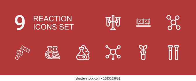 Editable 9 reaction icons for web and mobile. Set of reaction included icons line Test tubes, Test tube, Molecule, Flask, Dominoes, Tube on red background