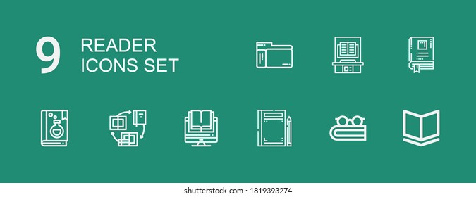 Editable 9 reader icons for web and mobile. Set of reader included icons line Book, Books, Scanner on green background