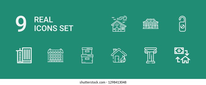 Editable 9 real icons for web and mobile. Set of real included icons line Mortgage, Architecture, House, Storage box, Building, Office building, Hotel on green background