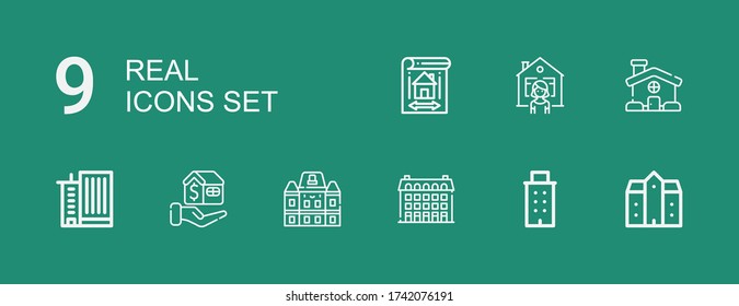 Editable 9 real icons for web and mobile. Set of real included icons line Mansion, Building, Houses, Mortgage, Office building, House, Blueprint on green background