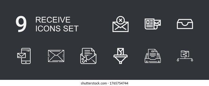 Editable 9 receive icons for web and mobile. Set of receive included icons line Data share, Email, Inbox, Mail on dark background