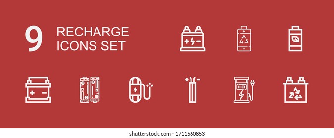 Editable 9 recharge icons for web and mobile. Set of recharge included icons line Battery, Charger, Wire on red background