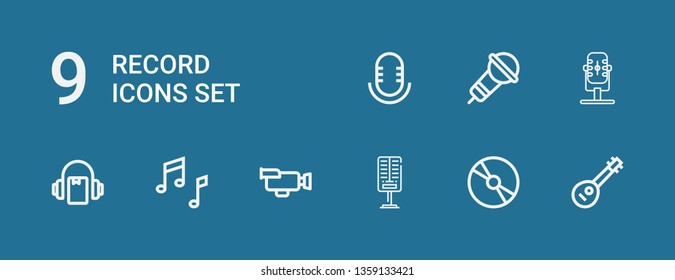Editable 9 record icons for web and mobile. Set of record included icons line Mandolin, Cd, Microphone, Video, Music, Audiobook, Audio on blue background