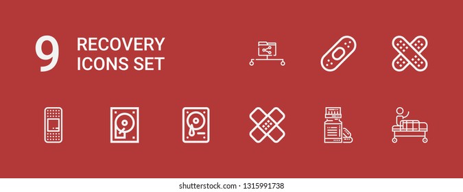 Editable 9 recovery icons for web and mobile. Set of recovery included icons line Gurney, Vitamin, Plaster, Hard drive, Hard disc, Data share on red background