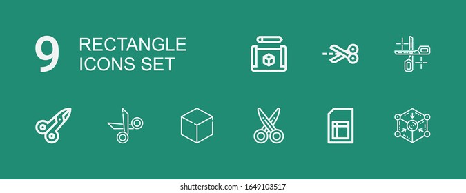 Editable 9 rectangle icons for web and mobile. Set of rectangle included icons line Cube, Sheet, Scissors on green background