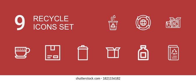 Editable 9 recycle icons for web and mobile. Set of recycle included icons line Book recycled, Conserve, Package, Garbage, Cardboard, Cup, Recycling on red background