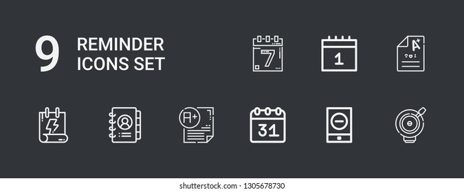 Editable 9 reminder icons for web and mobile. Set of reminder included icons line Bell, Event, Calendar, Exam, Agenda, Events on dark background