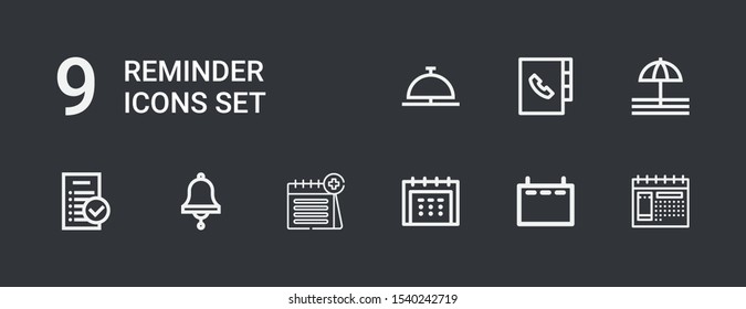 Editable 9 reminder icons for web and mobile. Set of reminder included icons line Calendar, Bell, Tasks, Agenda on dark background