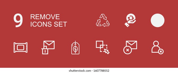 Editable 9 remove icons for web and mobile. Set of remove included icons line Cancel, Delete, Exclude, Recyclable, Erase, Makeup remover, Recycling, Recycle on red background