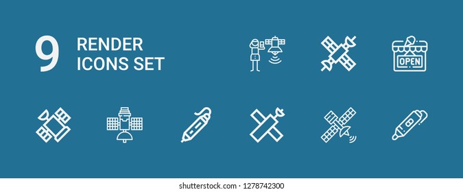 Editable 9 render icons for web and mobile. Set of render included icons line d printing pen, Satellite, Open on blue background