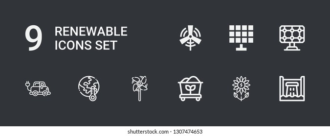Editable 9 renewable icons for web and mobile. Set of renewable included icons line Hydro power, Green power, Coal, Windmill, Global warming, Electric car, Solar panel on dark background
