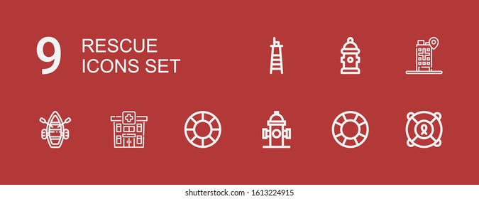 Editable 9 rescue icons for web and mobile. Set of rescue included icons line Lifesaver, Hydrant, Hospital, Lifeboat, Lifeguard on red background