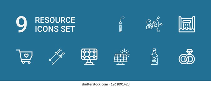 Editable 9 resource icons for web and mobile. Set of resource included icons line Engagement, Spirits, Solar panel, Poles, Solidarity, Hydro power, Coordination on blue background