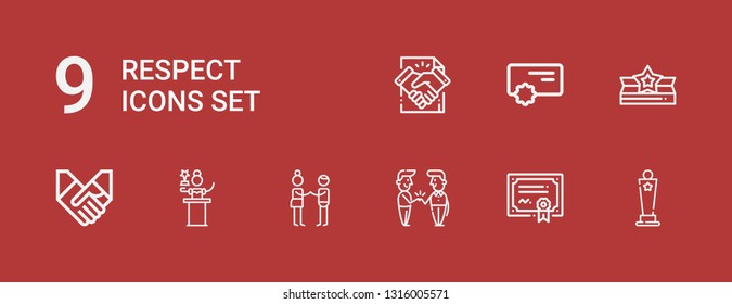 Editable 9 respect icons for web and mobile. Set of respect included icons line Award, Merit, Handshake, Deal, Awards, Reward on red background