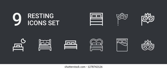 Editable 9 resting icons for web and mobile. Set of resting included icons line Eye mask, Bed on dark background