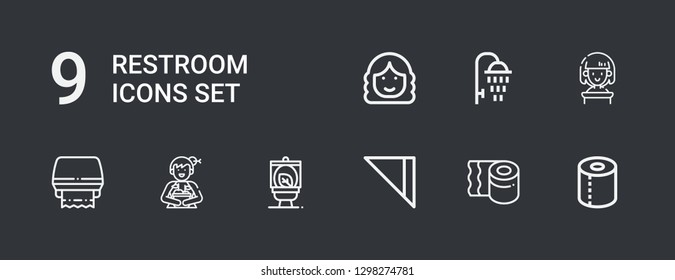 Editable 9 restroom icons for web and mobile. Set of restroom included icons line Toilet paper, Napkin, Wc, Woman, Shower on dark background