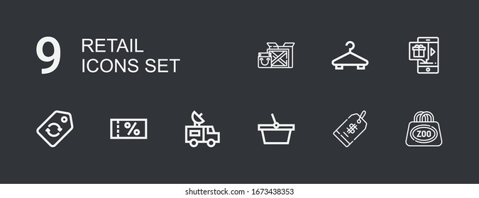 Editable 9 retail icons for web and mobile. Set of retail included icons line Bag, Price tag, Basket, Van, Voucher, Label, Online shop, Hanger, Package on dark background