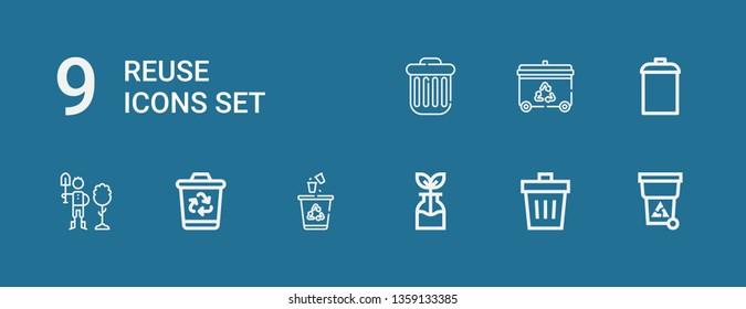 Editable 9 reuse icons for web and mobile. Set of reuse included icons line Trash, Reuse, Recycling, Recycling bin, Reforestation, Garbage on blue background