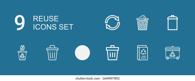 Editable 9 reuse icons for web and mobile. Set of reuse included icons line Recycling bin, Book recycled, Trash, Recycling, Garbage, Trash can, Reuse on blue background
