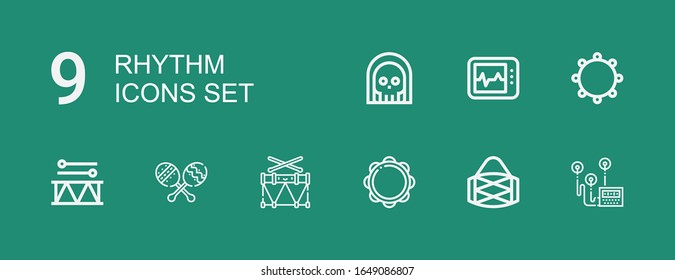 Editable 9 rhythm icons for web and mobile. Set of rhythm included icons line Heart rate, Drum, Tambourine, Maracas, Electrocardiogram, Death on green background