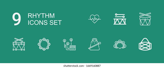 Editable 9 rhythm icons for web and mobile. Set of rhythm included icons line Drum, Tambourine, Cowbell, Heart rate, Drums, Heartbeat on green background