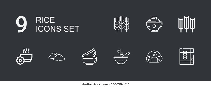 Bearbeitbar 9 Reis Icons für Web und Mobile. Reissatz inklusive Ikonen Linie Getreide, Onigiri, Schüssel, Schüsseln, Dumpling, Weizen auf dunklem Hintergrund