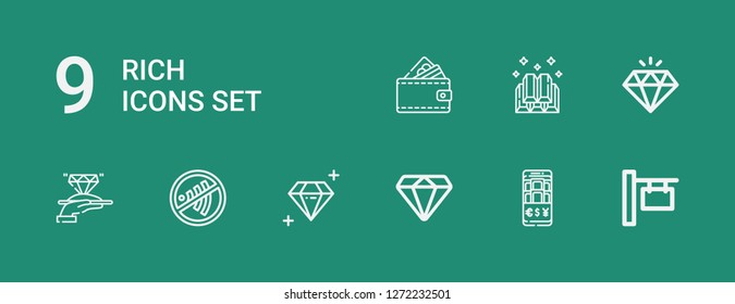 Editable 9 rich icons for web and mobile. Set of rich included icons line Sign, Wallet, Diamond, Ingots on green background