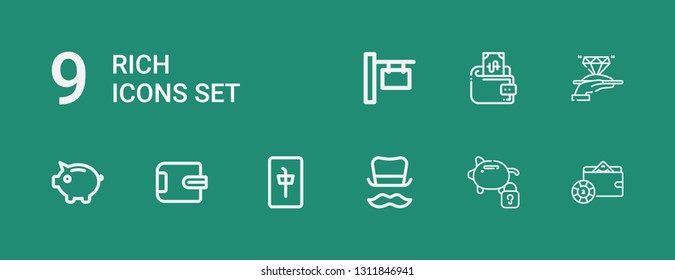 Editable 9 rich icons for web and mobile. Set of rich included icons line Wallet, Piggy bank, Top hat, Mahjong, Diamond, Sign on green background