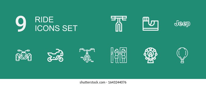 Editable 9 ride icons for web and mobile. Set of ride included icons line Hot air balloon, Ferris wheel, Amusement park, Bicycle, Motorbike, Quad, Jeep, Skate park on green background