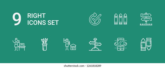 Editable 9 right icons for web and mobile. Set of right included icons line Bullet, Tilt, Direction sign, Human rights, Arrows, Woman suffrage, Sign Post, Bullets on green background