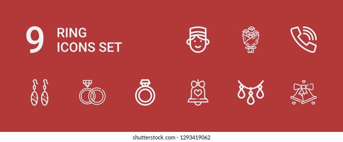 Editable 9 ring icons for web and mobile. Set of ring included icons line Bell, Necklace, Ring, Rings, Earrings, Call, Bouquet, Concierge on red background