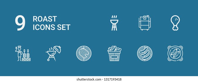 Editable 9 roast icons for web and mobile. Set of roast included icons line Bbq, Barbecue, Chicken, Churrasco, Fried chicken on blue background