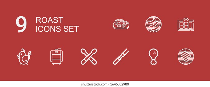 Bearbeitbar 9 Roastsymbole für Web und Mobile. Set mit Bratensatz inklusive Ikonen Zeile Barbecue, FrittierHühnchen, Fleisch, Drumsticks, Huhn, Bbq, Steak auf rotem Hintergrund