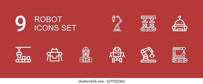 Editable 9 robot icons for web and mobile. Set of robot included icons line Robot arm, Space Engineer, Conveyor, Industrial on red background