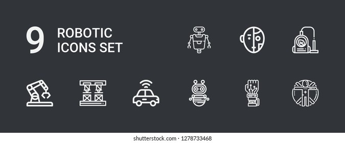Editable 9 robotic icons for web and mobile. Set of robotic included icons line Transhumanism, Mechanical arm, Robot, Autonomous car, Robot arm, Vacuum on dark background