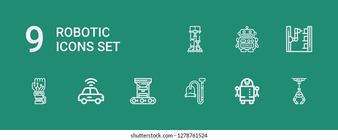 Editable 9 robotic icons for web and mobile. Set of robotic included icons line Industrial robot, Robot, Vacuum, Robot arm, Autonomous car, Mechanical arm on green background