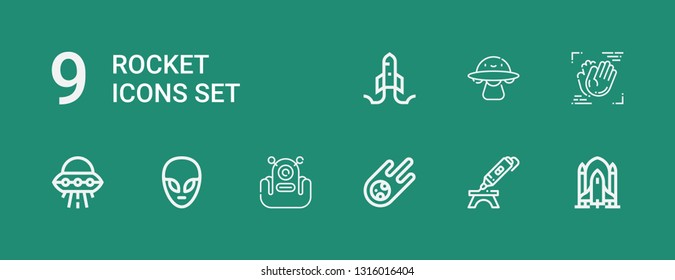 Editable 9 rocket icons for web and mobile. Set of rocket included icons line Rocket ship, d printing pen, Meteorite, Alien, Ufo, Motion, Ovni, Startup on green background