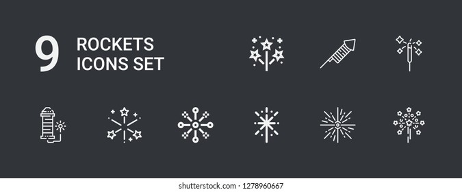 Editable 9 rockets icons for web and mobile. Set of rockets included icons line Fireworks, Firework on dark background