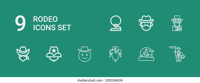Editable 9 rodeo icons for web and mobile. Set of rodeo included icons line Lasso, Wild west, Cowboy hat, Cowboy on green background