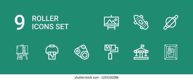 Editable 9 roller icons for web and mobile. Set of roller included icons line Painting, Carousel, Roller, Timing belt, Paint bucket, Skateboard on green background