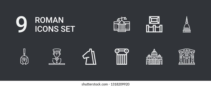 Editable 9 roman icons for web and mobile. Set of roman included icons line Museum, Vaticano, Column, Trojan, Statue, Roman helmet, Mole antonelliana, Courthouse on dark background