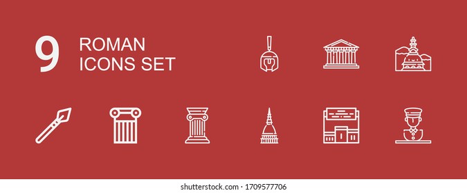 Editable 9 roman icons for web and mobile. Set of roman included icons line Statue, Pedestal, Mole antonelliana, Column, Spear, Pantheon, Roman helmet on red background