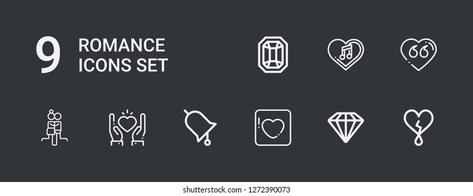 Editable 9 romance icons for web and mobile. Set of romance included icons line Heart, Diamond, Badoo, Ring, Couple, Gem on dark background