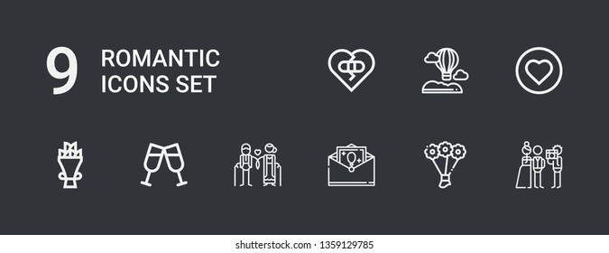 Editable 9 romantic icons for web and mobile. Set of romantic included icons line Newlyweds, Bouquet, Greeting card, Couple, Toast, Love, Hot air balloon, Broken heart on dark background