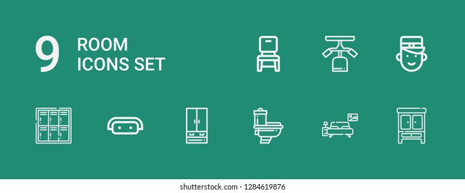 Editable 9 room icons for web and mobile. Set of room included icons line Wardrobe, Bedroom, Toilet, Closet, Sofa, Locker, Bellboy, Gym station, Chair on green background